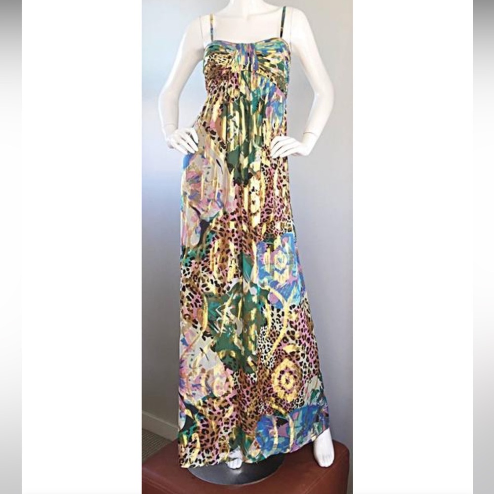 VTG Oleg Cassini NWT Leopard Floral Metallic Empire Waist Maxi Sundress